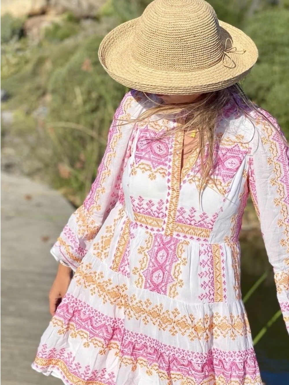 Hale Bob Embroidered Boho Mini Dress White Pink Orange XS